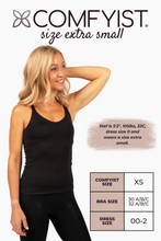 Load image into Gallery viewer, Size extra small model wearing Black COMFYIST camisole top with measurements and size chart - COMFYIST CAMI