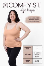 Load image into Gallery viewer, Size large model wearing Mellow Rose COMFYIST camisole top with measurements and size chart - COMFYIST CAMI
