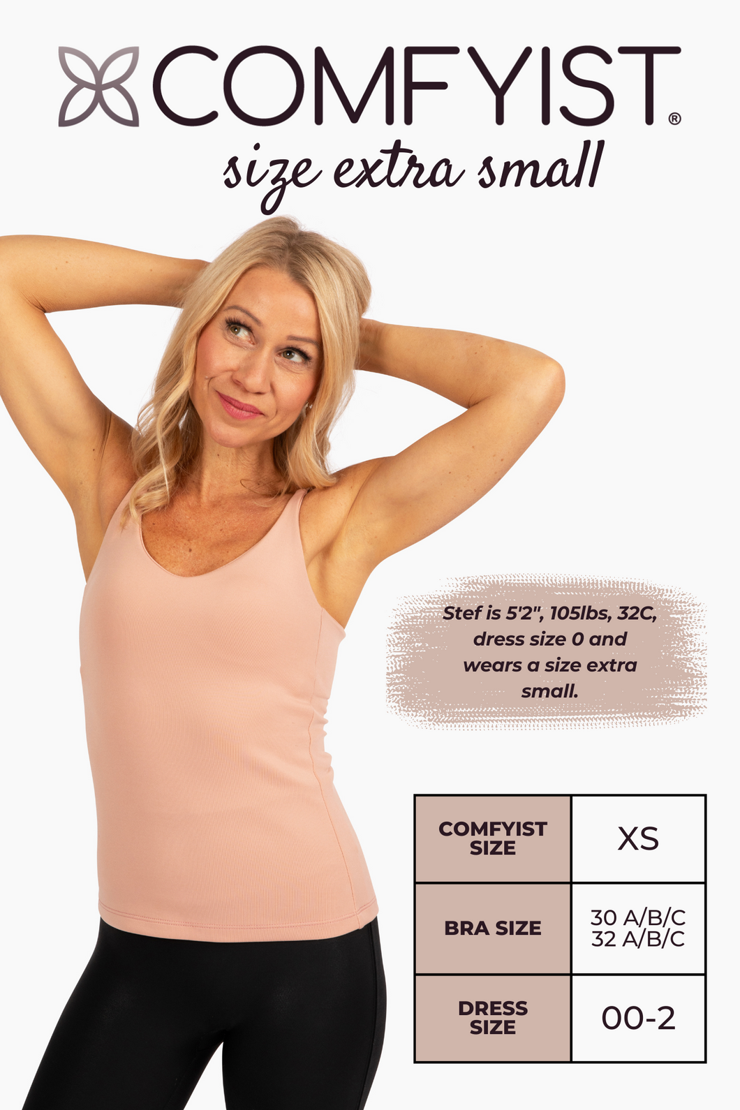 Size extra small model wearing Mellow Rose COMFYIST camisole top with measurements and size chart - COMFYIST CAMI