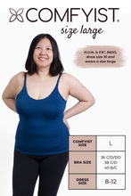 Load image into Gallery viewer, Size large model wearing Nightfall Blue COMFYIST camisole top with measurements and size chart - COMFYIST CAMI