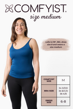 Load image into Gallery viewer, Size medium model wearing Nightfall Blue COMFYIST camisole top with measurements and size chart - COMFYIST CAMI