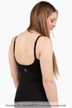 Load image into Gallery viewer, Size small model wearing Black COMFYIST camisole top straight straps back view - COMFYIST CAMI
