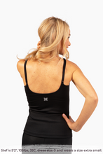 Load image into Gallery viewer, Size extra small model wearing Black COMFYIST camisole top straight straps back view - COMFYIST CAMI
