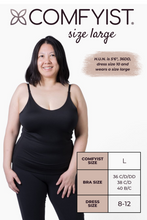Load image into Gallery viewer, Size large model wearing Black COMFYIST camisole top with measurements and size chart - COMFYIST CAMI
