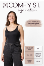 Load image into Gallery viewer, Size medium model wearing Black COMFYIST camisole top with measurements and size chart - COMFYIST CAMI
