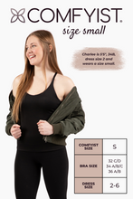 Load image into Gallery viewer, Size  small model wearing Black COMFYIST camisole top with measurements and size chart - COMFYIST CAMI
