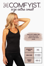 Load image into Gallery viewer, Size extra small model wearing Black COMFYIST camisole top with measurements and size chart - COMFYIST CAMI
