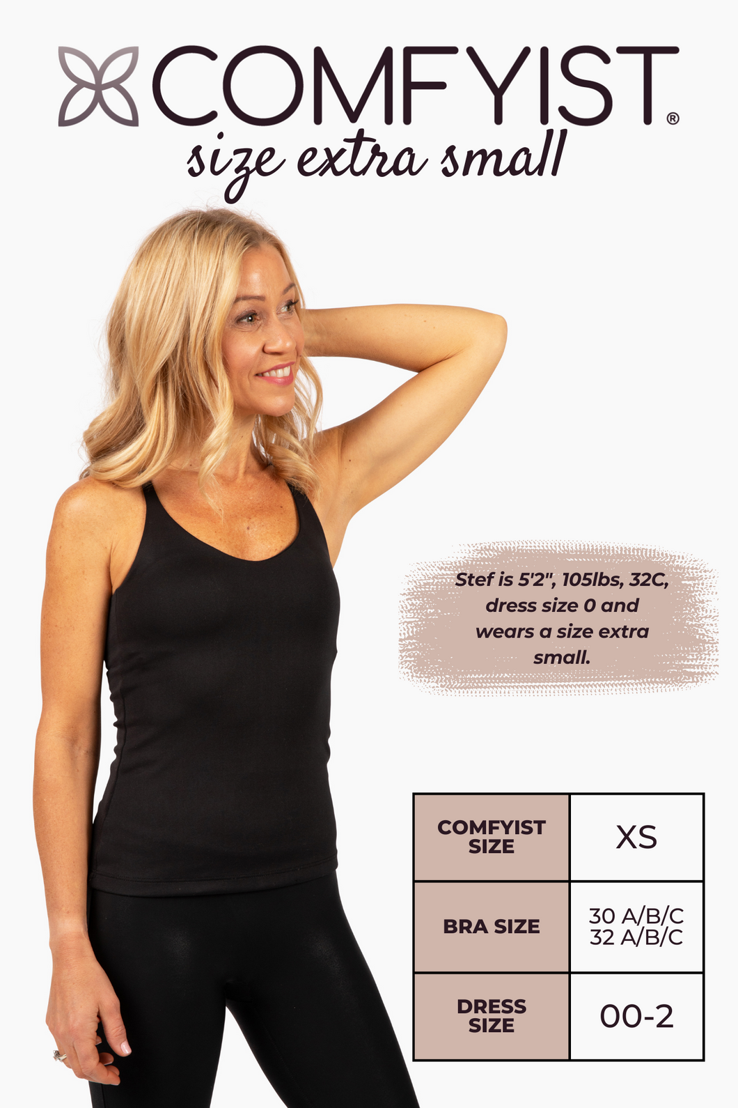 Size extra small model wearing Black COMFYIST camisole top with measurements and size chart - COMFYIST CAMI