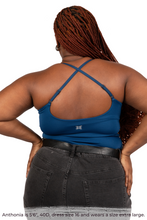 Load image into Gallery viewer, Size extra large model wearing Nightfall Blue COMFYIST camisole top crossback straps back view - COMFYIST CAMI

