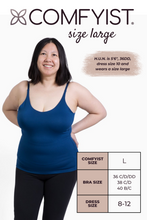 Load image into Gallery viewer, Size large model wearing Nightfall Blue COMFYIST camisole top with measurements and size chart - COMFYIST CAMI

