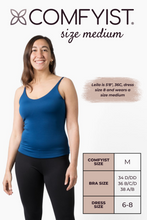 Load image into Gallery viewer, Size medium model wearing Nightfall Blue COMFYIST camisole top with measurements and size chart - COMFYIST CAMI
