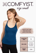 Load image into Gallery viewer, Size small model wearing Nightfall Blue COMFYIST camisole top with measurements and size chart - COMFYIST CAMI
