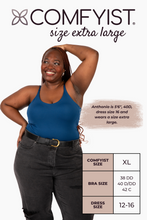 Load image into Gallery viewer, Size extra large model wearing Nightfall Blue COMFYIST camisole top with measurements and size chart - COMFYIST CAMI
