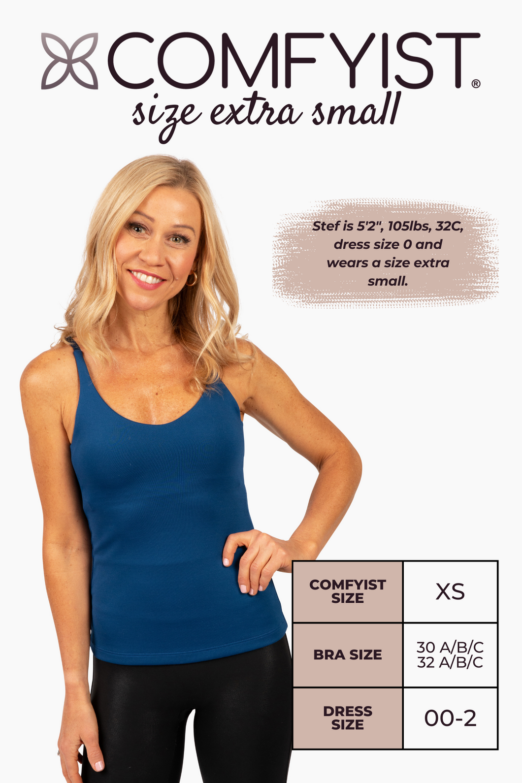 Size extra small model wearing Nightfall Blue COMFYIST camisole top with measurements and size chart - COMFYIST CAMI